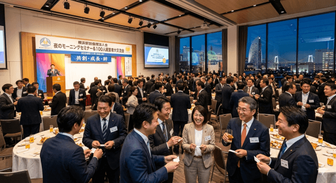 横浜駅前 夜のモーニングセミナー&経営者大交流会(100人参加)