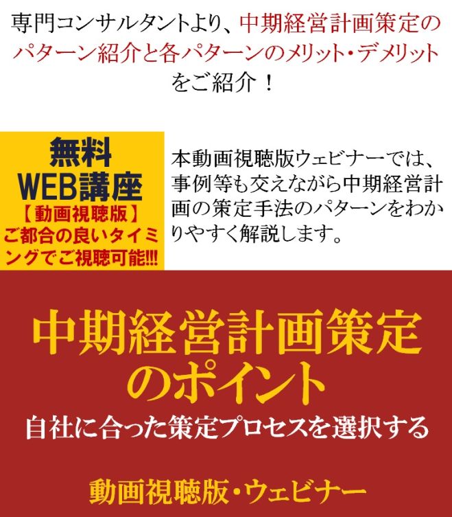 中期経営計画策定のパターン紹介と各パターンのメリット・デメリットをご紹介!【動画視聴版ウェビナー】中期経営計画策定のポイント～自社に合った策定プロセスを選択する