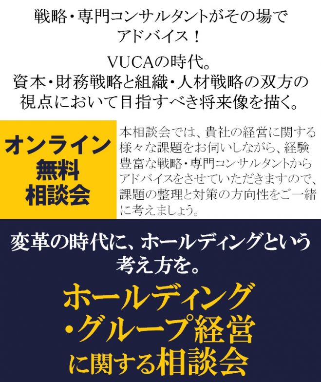 ホールディング・グループ経営に関する相談会【無料/10社限定】VUCAの時代。資本・財務戦略と組織・人材戦略の双方の視点において目指すべき将来像を描く。